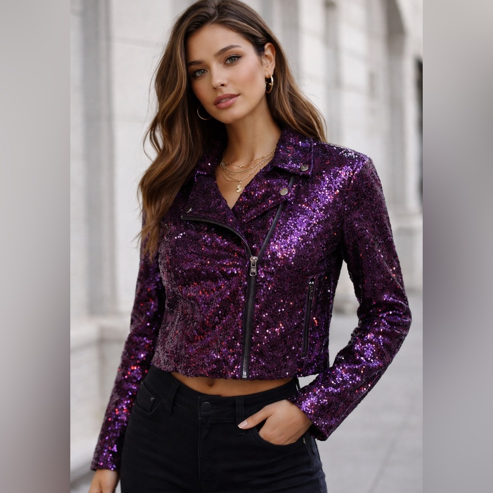 Colleen Lopez Purple Sequin Jacket women Medium Sparkle Zip Party Blazer Evening